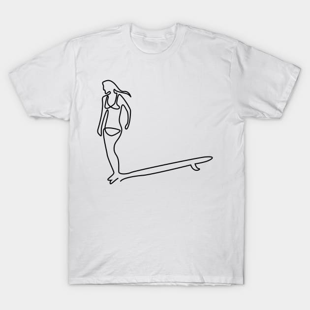 one line surfer girl hanging ten on a longboard T-Shirt by JDP Designs